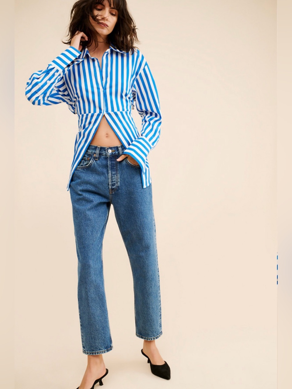 Simon Miller Loch Poplin Tie Back Button Up Shirt in Blue and White Stripe